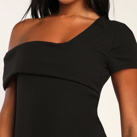 Black Ribbed One-Shoulder Bodycon Mini Dress - Picture 5 of 5